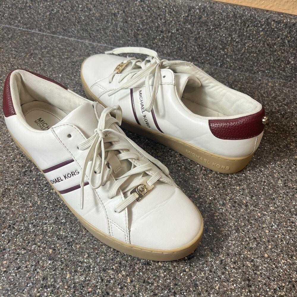 Michael Kors Irving Women's 9M Shoes Sneakers Cream/Red Faux Leather Lace Up Low